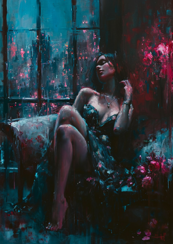 beautiful-woman-summer-dress-posing-couch-windowed-cityscape