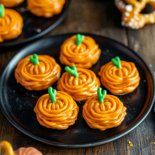 Mini pumpkin treats on dark plates with candy stems