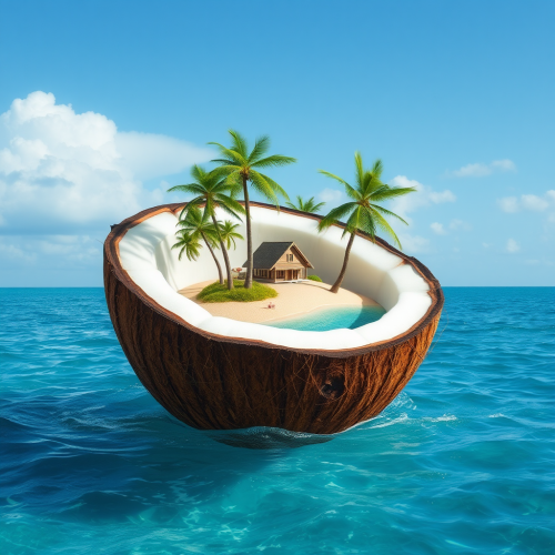 Miniature Island Inside Coconut Floating in Sea Miniature Island Inside Coconut Floating in Sea