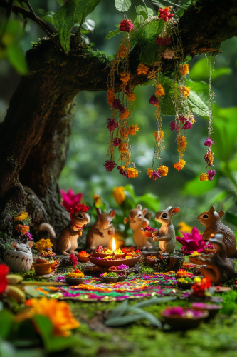 Miniature forest animals celebrating Diwali with decorations