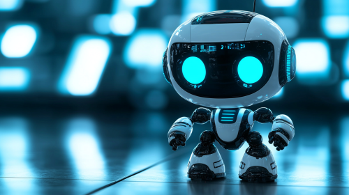 Miniature robot with glowing eyes for advertising or banners.