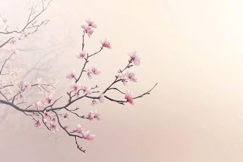 Minimal landscape with blossoming tree branch, delicate pink flowers.