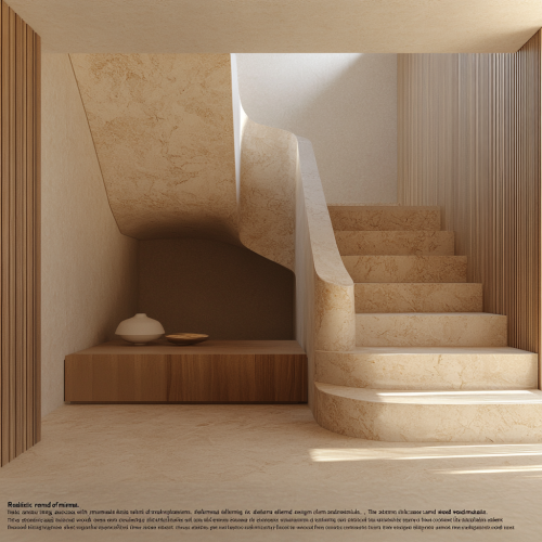 Minimal staircase with elegant marble and warm wood textures.