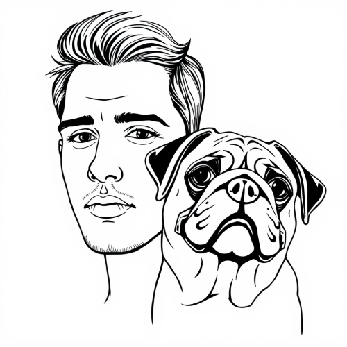 Minimalist Line Drawing of Man and Pug