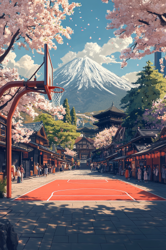 Minimalist basketball court with Japanese culture, cherry blossoms, temples.