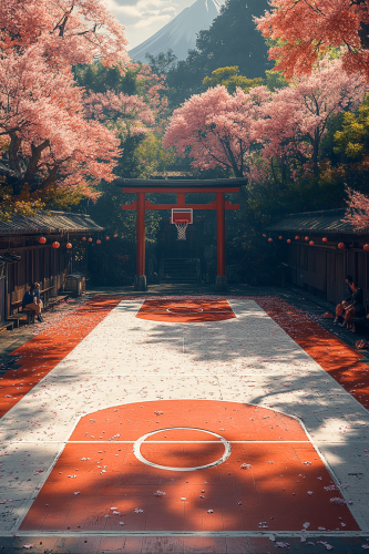 Minimalist basketball court with Japanese flag colors, cherry blossoms. Minimalist basketball court with Japanese flag colors, cherry blossoms.