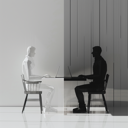 Minimalist black and white workspace with human and AI collaboration Minimalist black and white workspace with human and AI collaboration