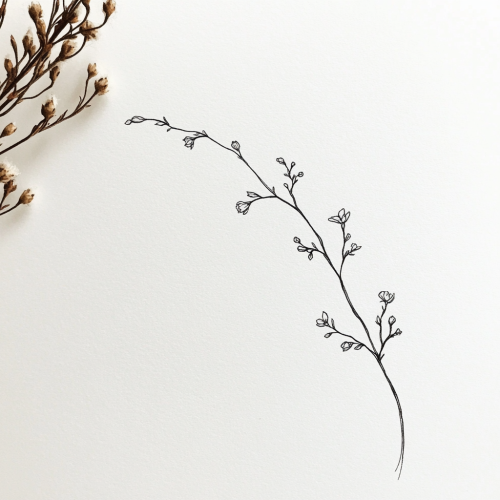 Minimalist black branch with flower buds tattoo sketch.