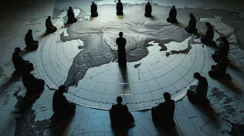 Minimalist black silhouettes of Christians praying around map.