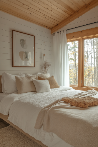 Minimalist cabin bedroom with platform bed and natural light.