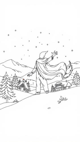 Minimalist coloring book with panoramic Christmas view