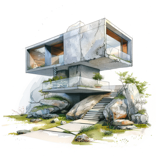 Minimalist house sketch with grassy rock, glass windows