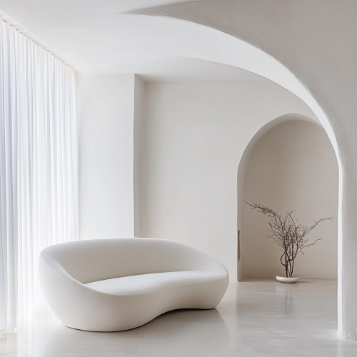 Minimalist room with white sofa exudes sophistication