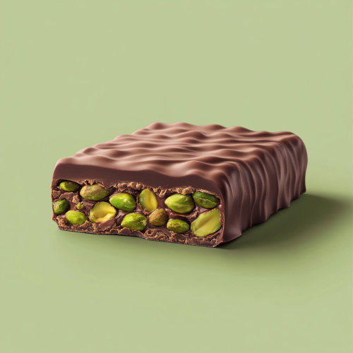 Minimalistic MYDAYS chocolate label with hyper-realistic Kunafa Pistachio flavor.