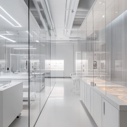 Minimalistic laboratory with white walls, clean surfaces, exploration.