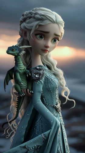 Minion Daenerys in Blue Dress Holding Dragon