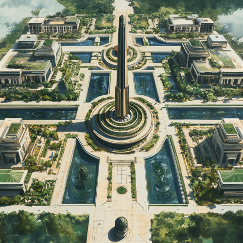 Ministerial complex with tall monument and water bodies