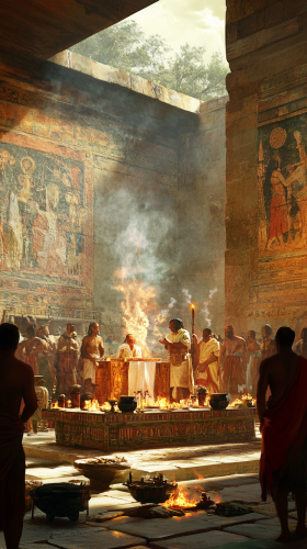 Minoan Civilization Religious Ceremony with Altar and Devotees