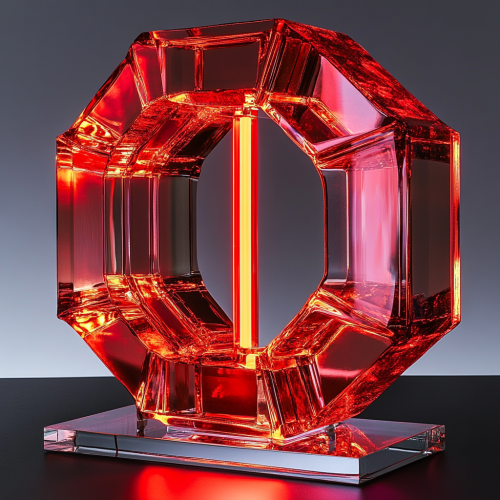 Mirrored glass sculpture with red neon tube - A Stunning Visual Treat