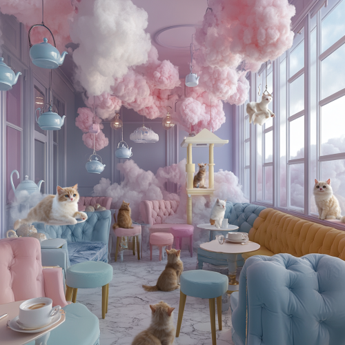 Mischievous cats in pastel café with eccentric décor.
