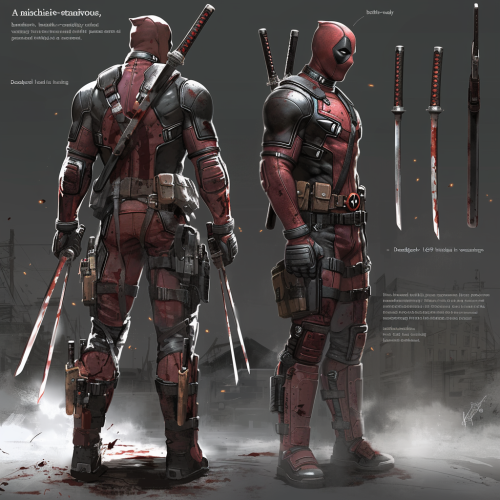 Mischievous superhero Deadpool in red and black suit, ready.