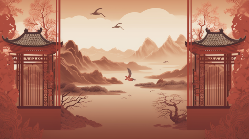 Misty Mountains & Torii Gates with Elegant Peacocks