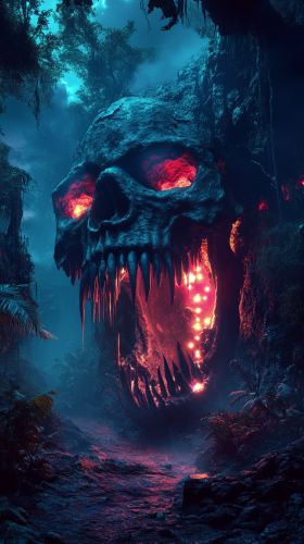 Misty colorful disco lights shine from cave skull entrance