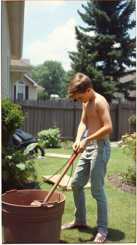 Mitch Doing Yard Work in 1980's Suburb