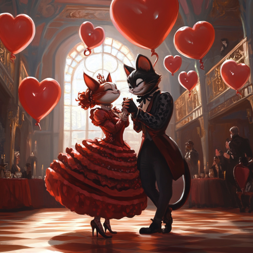 Miyazaki style Cheshire Cat queen, king dance, red balloons.