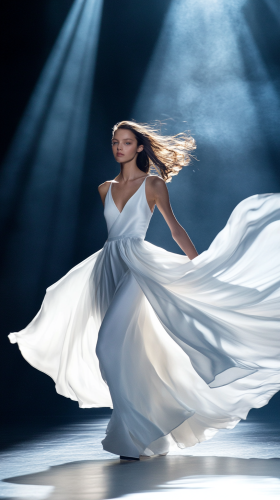 Model in Elegant White Silk Dress on Runway