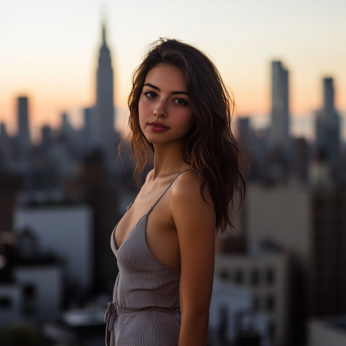 Model in chic city setting during sunset