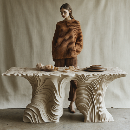 Model in knit stands on wooden table.