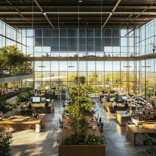 Modern, sustainable office with eco-friendly features, collaborative environment. Modern, sustainable office with eco-friendly features, collaborative environment.