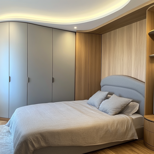 Modern 30m2 Bedroom with High Wardrobe and Upholstered Headboard