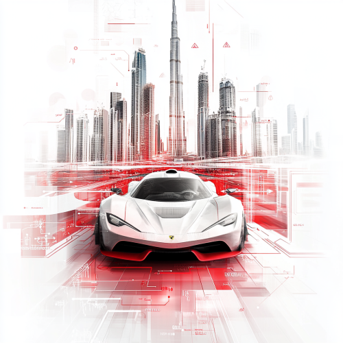 Modern Dubai Theme: Red and White Sports Car