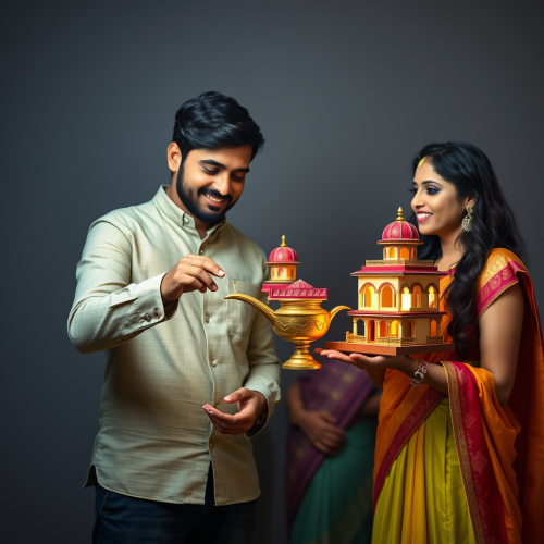 Modern Indian Couple Summoning Genie with Dream Villa