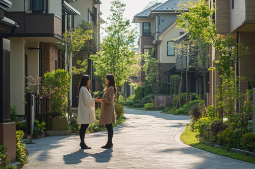 Modern Japanese women chatting in upscale residential neighborhood.