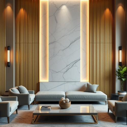 Modern Living Room with Golden and Marble Walls