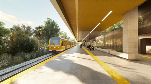 Modern Metro Station with Yellow Line and Marble Finishes