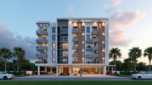 Modern Multi-Story House with Coconut Trees and Car