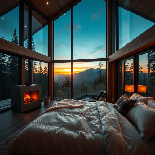 Modern cabin bedroom with fireplace and mountain view