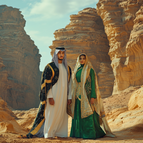Modern couple in AlUla, Saudi traditional attire Modern couple in AlUla, Saudi traditional attire