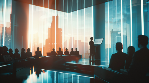 Modern futuristic courtroom with digital lectern and cityscape view.