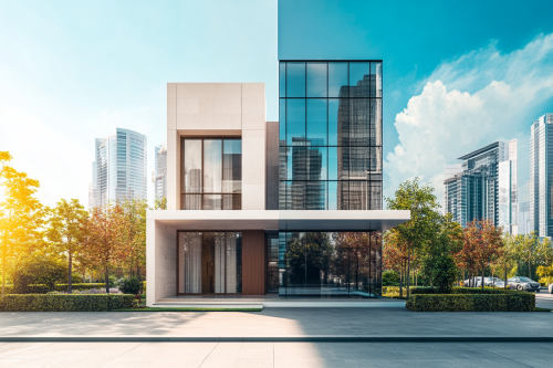 Modern house, commercial building, office tower in city