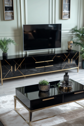 Modern living room with black and gold furniture.