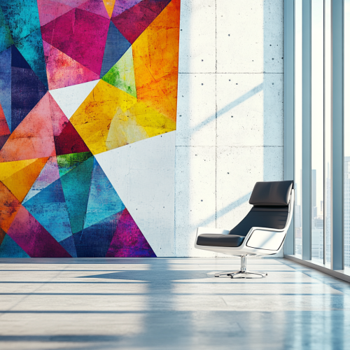 Modern office with geometric vinyl print and sleek chair.