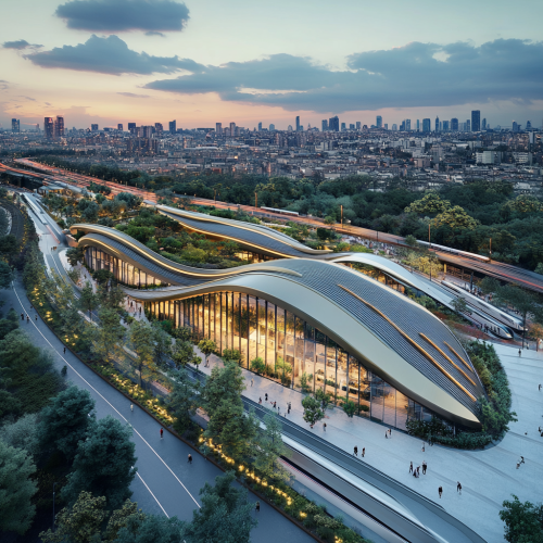 Modern railway station with terrace garden and city view
