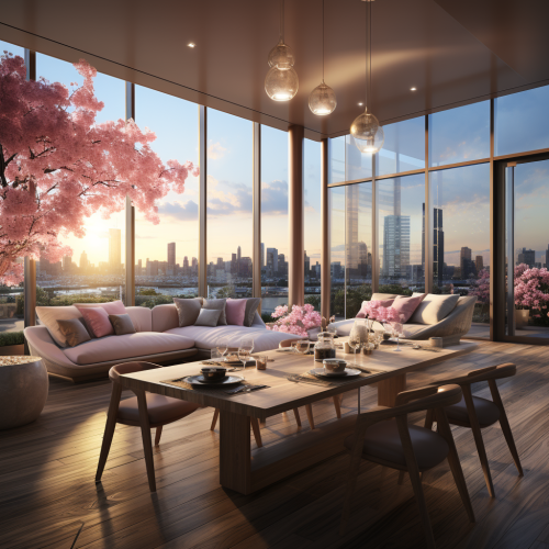 Modern residential building with large windows, pink accents, wooden wine cabinets, and white carpets.