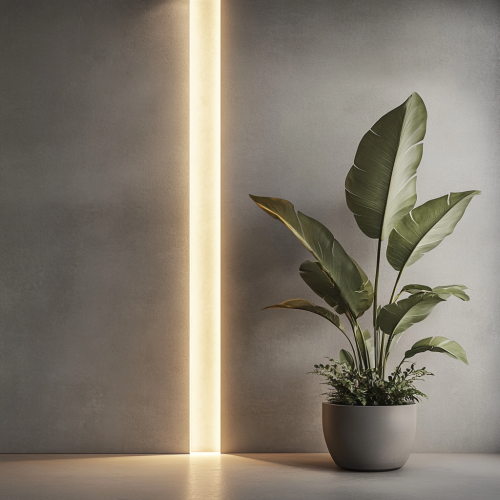 Modern room with soft light, green plant