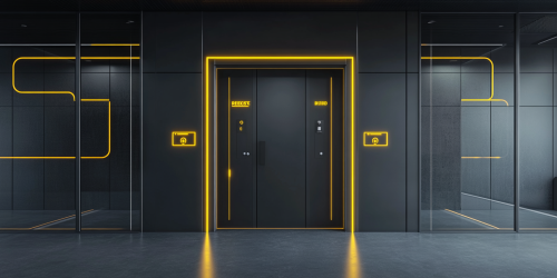 Modern tech office door with push and pull signs